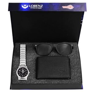 LORENZ Combo of Men's Black Rectangular Sunglasses, Watch & Black Wallet-Pack of 2